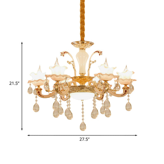 Ruffle Trim Dining Table Suspension Light Traditional Pink Glass 6 Lights Gold Pendant Lighting Fixture Clearhalo 'Ceiling Lights' 'Chandeliers' Lighting' options 1063175