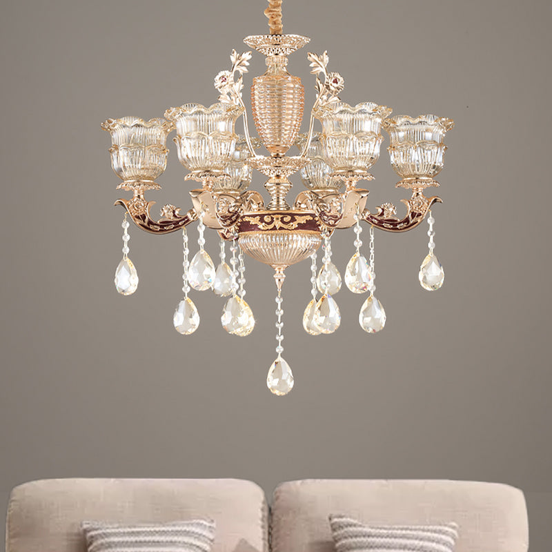 Layered Ruffle Ribbed Glass Drop Pendant 6 Bulbs Bedroom Chandelier Lighting in Gold with Dangling Crystal Clearhalo 'Ceiling Lights' 'Chandeliers' Lighting' options 1063184