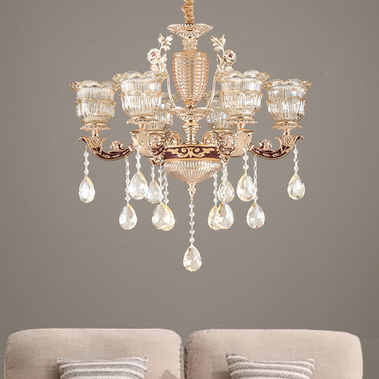 Layered Ruffle Ribbed Glass Drop Pendant 6 Bulbs Bedroom Chandelier Lighting in Gold with Dangling Crystal Clearhalo 'Ceiling Lights' 'Chandeliers' Lighting' options 1063184