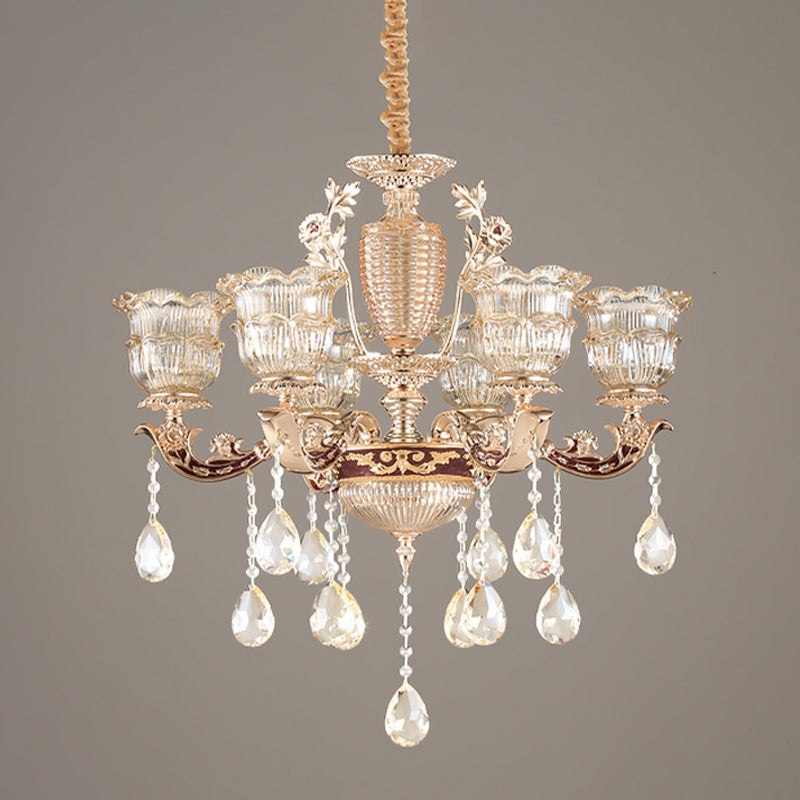 Layered Ruffle Ribbed Glass Drop Pendant 6 Bulbs Bedroom Chandelier Lighting in Gold with Dangling Crystal Clearhalo 'Ceiling Lights' 'Chandeliers' Lighting' options 1063185