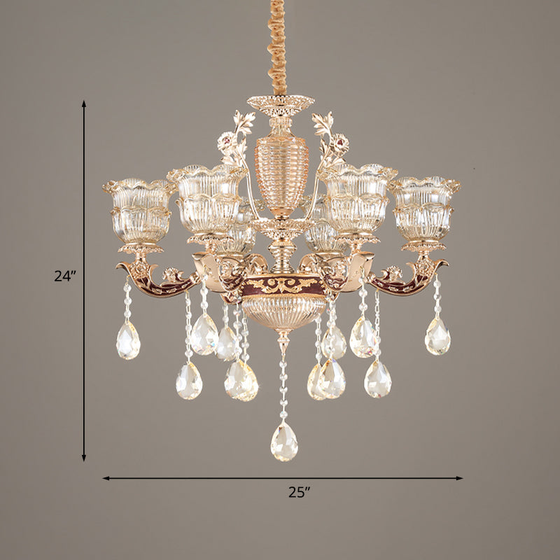 Layered Ruffle Ribbed Glass Drop Pendant 6 Bulbs Bedroom Chandelier Lighting in Gold with Dangling Crystal Clearhalo 'Ceiling Lights' 'Chandeliers' Lighting' options 1063187