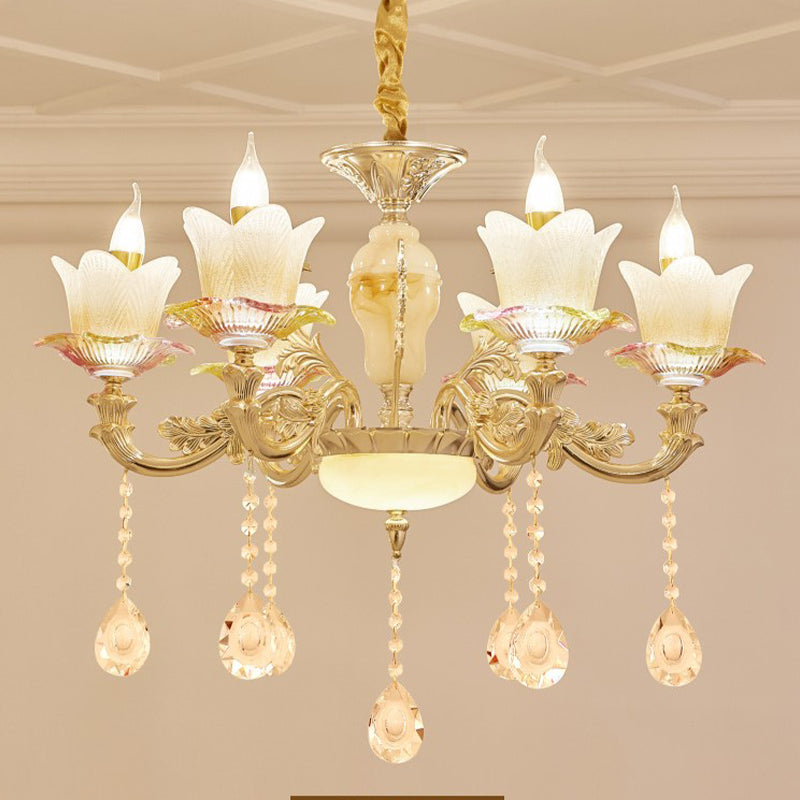 Floral Family Room Ceiling Chandelier Antique White Glass 6-Head Gold Hanging Light Fixture Clearhalo 'Ceiling Lights' 'Chandeliers' Lighting' options 1063188