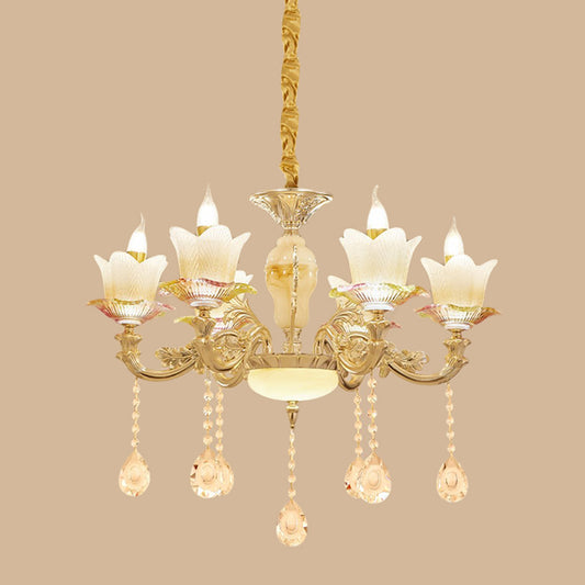 Floral Family Room Ceiling Chandelier Antique White Glass 6-Head Gold Hanging Light Fixture Clearhalo 'Ceiling Lights' 'Chandeliers' Lighting' options 1063189