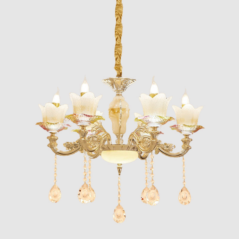 Floral Family Room Ceiling Chandelier Antique White Glass 6-Head Gold Hanging Light Fixture Clearhalo 'Ceiling Lights' 'Chandeliers' Lighting' options 1063190