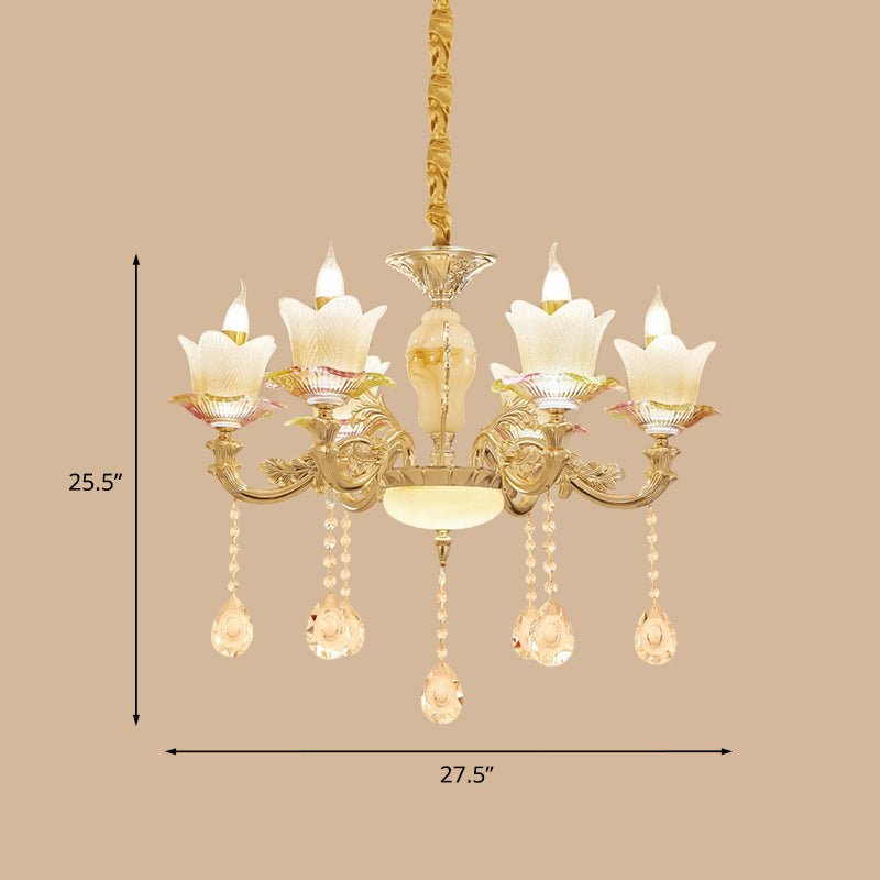 Floral Family Room Ceiling Chandelier Antique White Glass 6-Head Gold Hanging Light Fixture Clearhalo 'Ceiling Lights' 'Chandeliers' Lighting' options 1063191