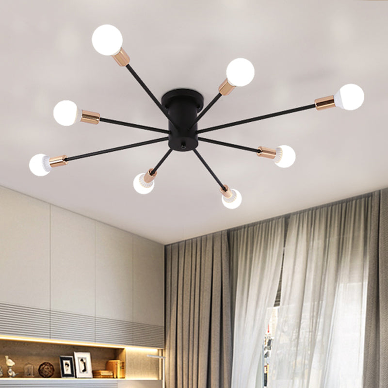 6/8/10 Lights Starburst Semi Flush Ceiling Light Modern Metal Black Ceiling Flush Mount for Bedroom with Bare Bulb Design Clearhalo 'Ceiling Lights' 'Close To Ceiling Lights' 'Close to ceiling' 'Semi-flushmount' Lighting' 106443