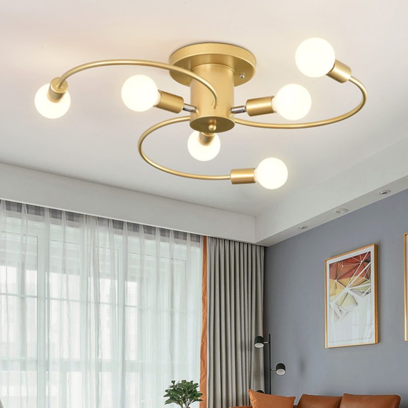 6 Lights Swirl Semi Flush Mount Nordic Metal Gold/Black Living Room Ceiling Flush Mount Light Gold Clearhalo 'Ceiling Lights' 'Close To Ceiling Lights' 'Close to ceiling' 'Semi-flushmount' Lighting' 106451