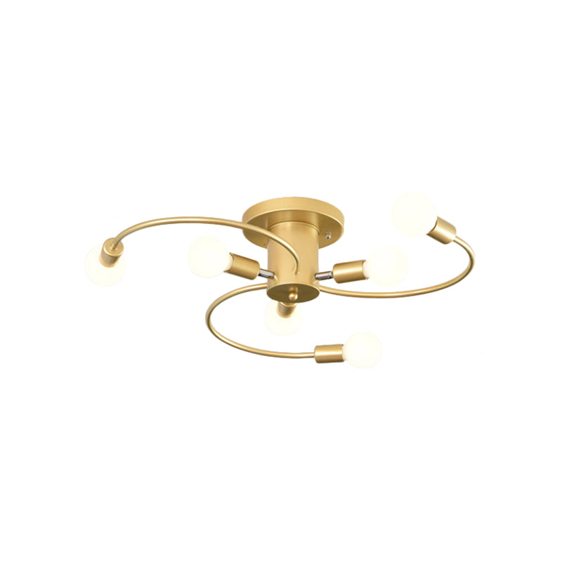 6 Lights Swirl Semi Flush Mount Nordic Metal Gold/Black Living Room Ceiling Flush Mount Light Clearhalo 'Ceiling Lights' 'Close To Ceiling Lights' 'Close to ceiling' 'Semi-flushmount' Lighting' 106453