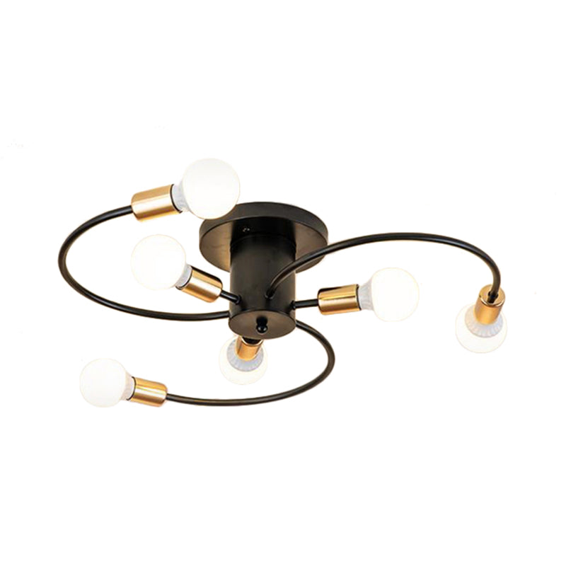 6 Lights Swirl Semi Flush Mount Nordic Metal Gold/Black Living Room Ceiling Flush Mount Light Clearhalo 'Ceiling Lights' 'Close To Ceiling Lights' 'Close to ceiling' 'Semi-flushmount' Lighting' 106457