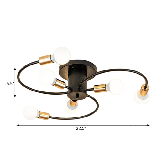 6 Lights Swirl Semi Flush Mount Nordic Metal Gold/Black Living Room Ceiling Flush Mount Light Clearhalo 'Ceiling Lights' 'Close To Ceiling Lights' 'Close to ceiling' 'Semi-flushmount' Lighting' 106458