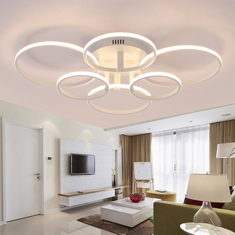 Acrylic Rings LED Semi Flush Light Simple 4/6/8 Lights Ceiling Mount Light Fixture in Warm/White Light 6 White Clearhalo 'Ceiling Lights' 'Close To Ceiling Lights' 'Close to ceiling' 'Semi-flushmount' Lighting' 106468