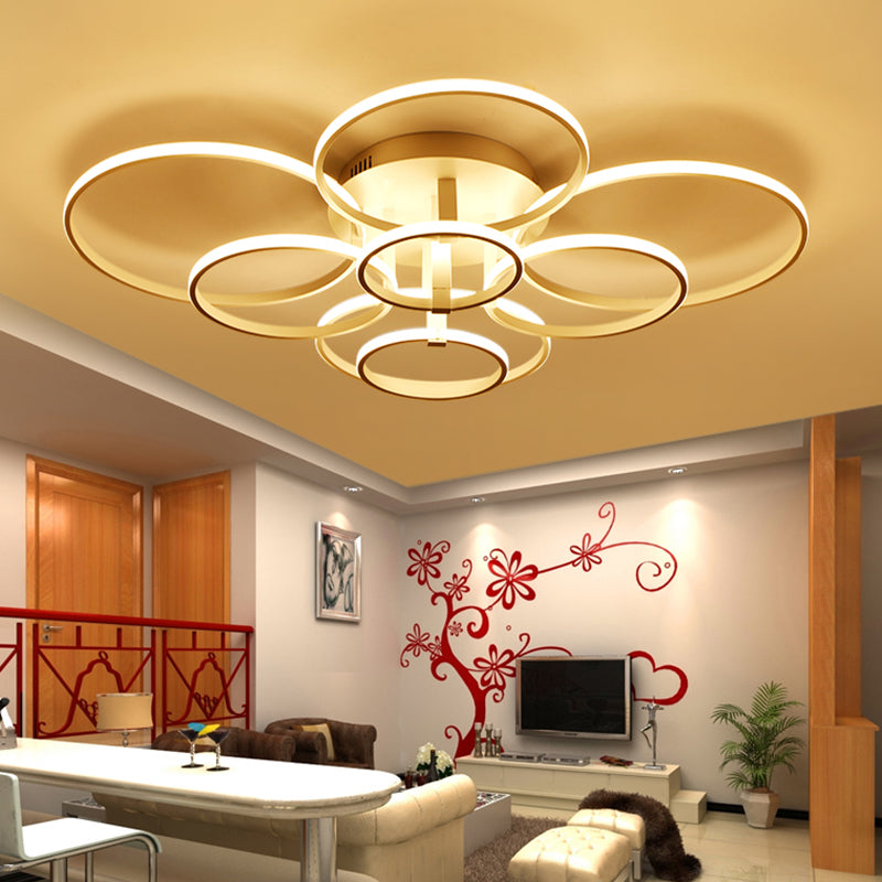 Acrylic Rings LED Semi Flush Light Simple 4/6/8 Lights Ceiling Mount Light Fixture in Warm/White Light 8 White Clearhalo 'Ceiling Lights' 'Close To Ceiling Lights' 'Close to ceiling' 'Semi-flushmount' Lighting' 106471