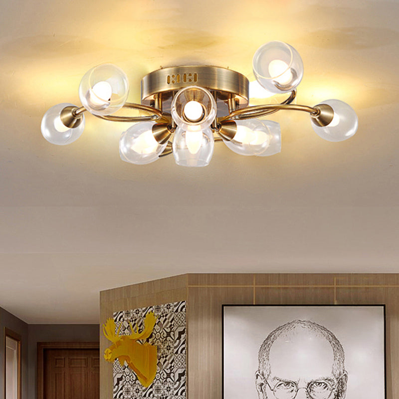 Contemporary Clear Glass Shade Metal Semi Flush Ceiling Light 10 Lights Gold Bedroom Ceiling Mounted Fixture Clear Clearhalo 'Ceiling Lights' 'Close To Ceiling Lights' 'Close to ceiling' 'Semi-flushmount' Lighting' 106758