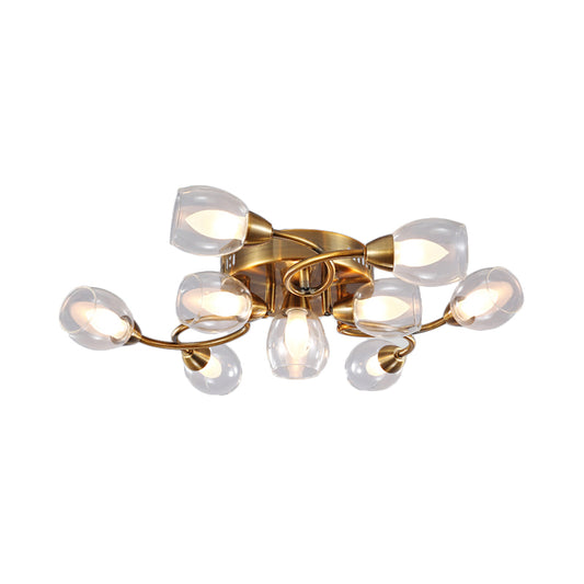 Contemporary Clear Glass Shade Metal Semi Flush Ceiling Light 10 Lights Gold Bedroom Ceiling Mounted Fixture Clearhalo 'Ceiling Lights' 'Close To Ceiling Lights' 'Close to ceiling' 'Semi-flushmount' Lighting' 106760