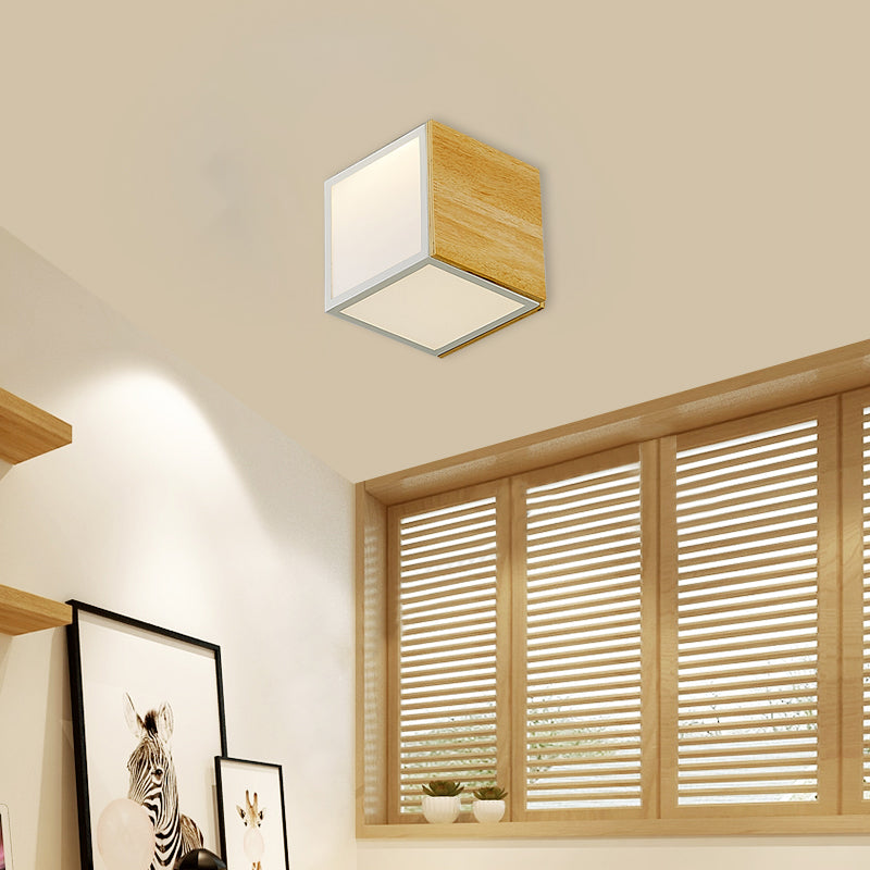 Wooden Box LED Flush Mount Light Modern Chinese 1-Light Natural Wood Ceiling Lamp in Warm/White Light Wood Clearhalo 'Ceiling Lights' 'Close To Ceiling Lights' 'Close to ceiling' 'Flush mount' Lighting' 106844