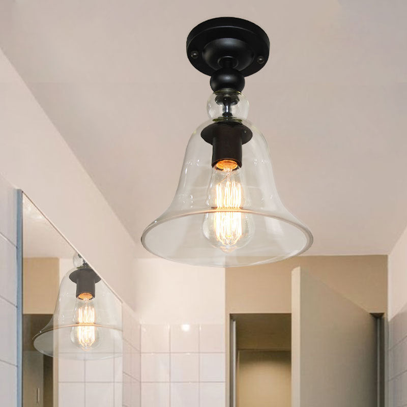 Contemporary 1 Light Semi Flush Mount Lighting with Glass Shade Black Bell Semi Flush Ceiling Light Clearhalo 'Ceiling Lights' 'Close To Ceiling Lights' 'Close to ceiling' 'Glass shade' 'Glass' 'Semi-flushmount' Lighting' 107892