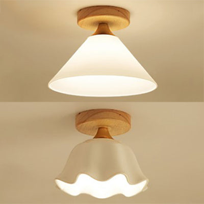 White Shade Cone/Scalloped Ceiling Mount Light with Wooden Canopy One Light Modern Glass Ceiling Lamp for Foyer Clearhalo 'Ceiling Lights' 'Close To Ceiling Lights' 'Close to ceiling' 'Glass shade' 'Glass' 'Semi-flushmount' Lighting' 110955
