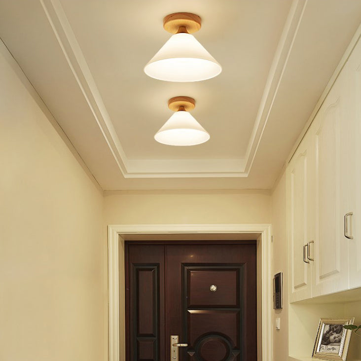 White Shade Cone/Scalloped Ceiling Mount Light with Wooden Canopy One Light Modern Glass Ceiling Lamp for Foyer Clearhalo 'Ceiling Lights' 'Close To Ceiling Lights' 'Close to ceiling' 'Glass shade' 'Glass' 'Semi-flushmount' Lighting' 110956