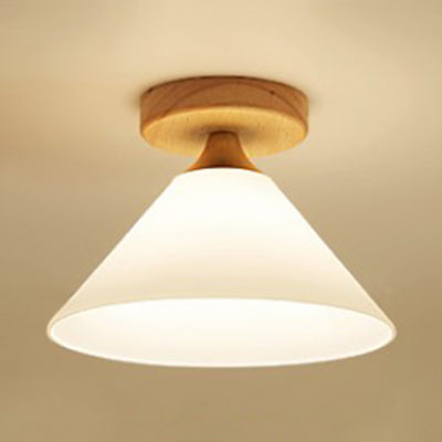 White Shade Cone/Scalloped Ceiling Mount Light with Wooden Canopy One Light Modern Glass Ceiling Lamp for Foyer White A Clearhalo 'Ceiling Lights' 'Close To Ceiling Lights' 'Close to ceiling' 'Glass shade' 'Glass' 'Semi-flushmount' Lighting' 110957