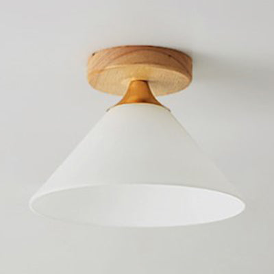 White Shade Cone/Scalloped Ceiling Mount Light with Wooden Canopy One Light Modern Glass Ceiling Lamp for Foyer Clearhalo 'Ceiling Lights' 'Close To Ceiling Lights' 'Close to ceiling' 'Glass shade' 'Glass' 'Semi-flushmount' Lighting' 110958