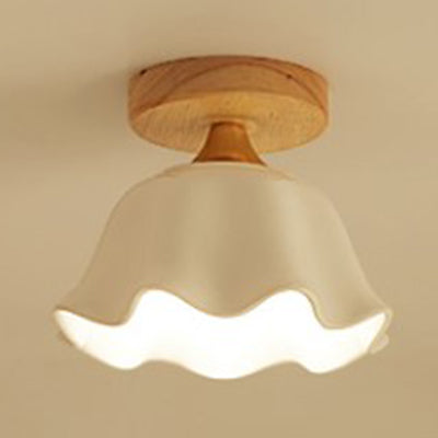 White Shade Cone/Scalloped Ceiling Mount Light with Wooden Canopy One Light Modern Glass Ceiling Lamp for Foyer White B Clearhalo 'Ceiling Lights' 'Close To Ceiling Lights' 'Close to ceiling' 'Glass shade' 'Glass' 'Semi-flushmount' Lighting' 110959