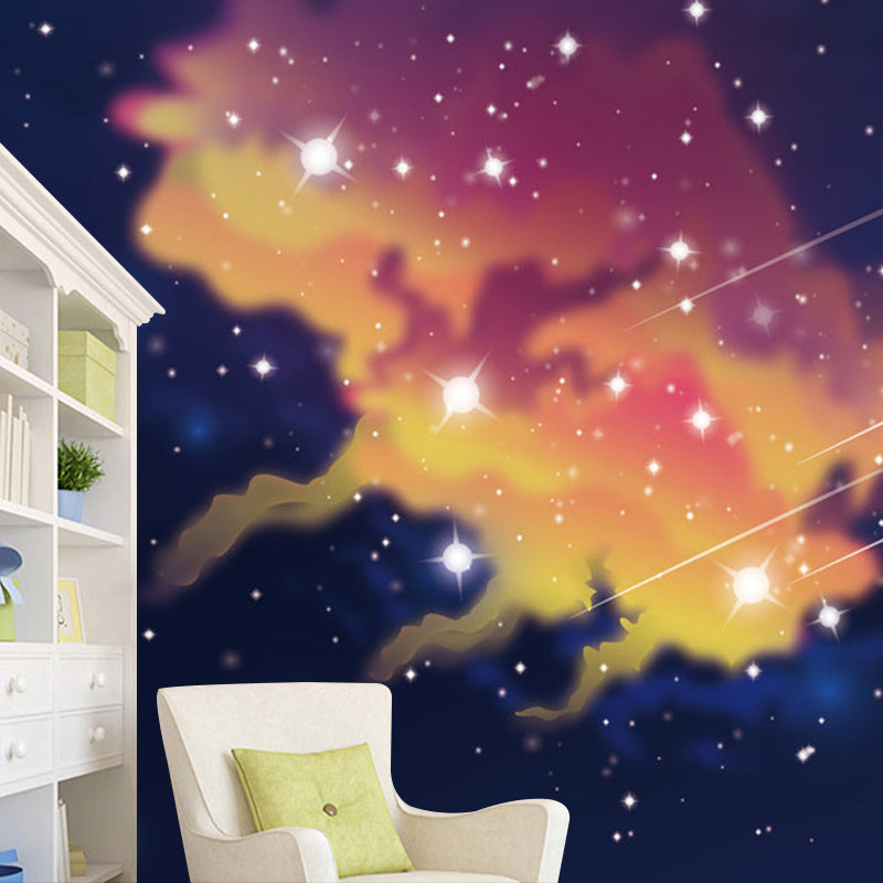 Whole Illustration Nordic Mural Wallpaper for Children with Starry Sky Design in Blue and Yellow Yellow-Blue Clearhalo 'Wall Decor' 'Wall Mural' 1112749