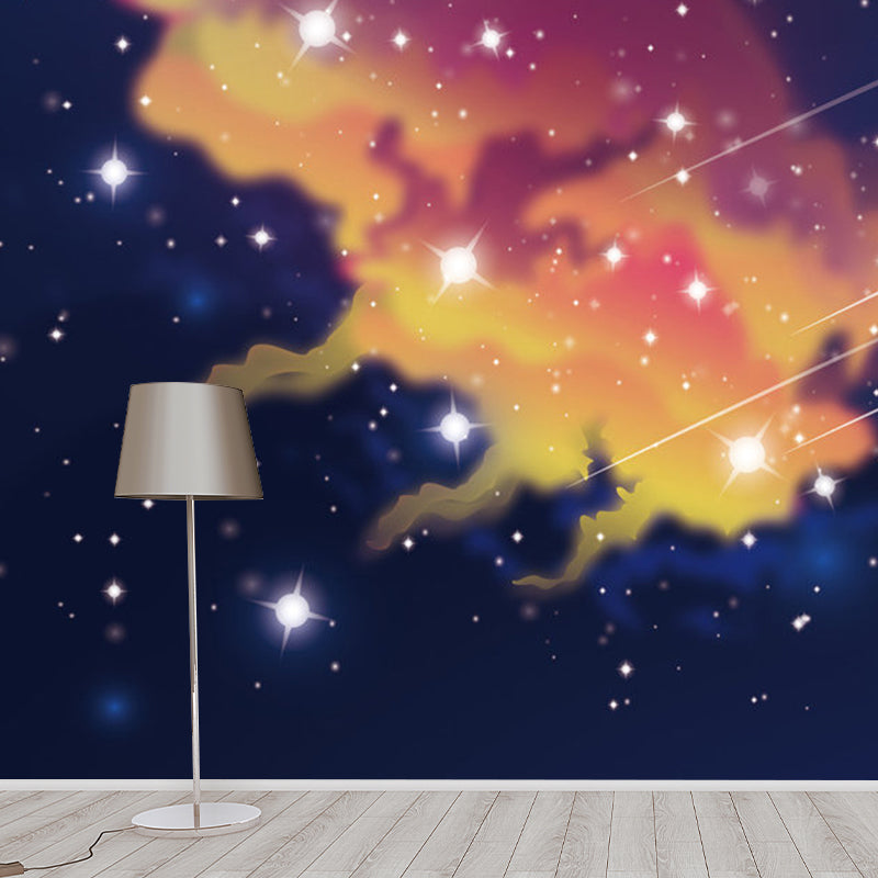 Whole Illustration Nordic Mural Wallpaper for Children with Starry Sky Design in Blue and Yellow Clearhalo 'Wall Decor' 'Wall Mural' 1112750