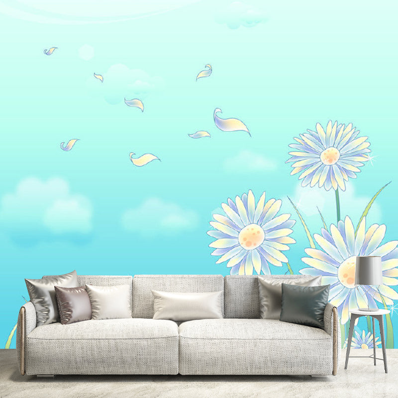 Water-Resistant Chrysanthemum and Sky Mural Contemporary Wall Covering for Kid's Bedroom Clearhalo 'Wall Decor' 'Wall Mural' 1114111