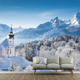 Big Photography Snowy Mountain Mural Wallpaper for Guest Room Decor in Blue and White, Made to Measure Clearhalo 'Wall Decor' 'Wall Mural' 1114120