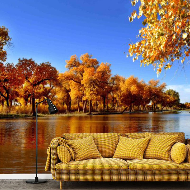 Autumn Trees and River Mural Wallpaper for Bedroom Decor, Blue and Brown, Personalized Size Available Blue-Brown Clearhalo 'Wall Decor' 'Wall Mural' 1114149