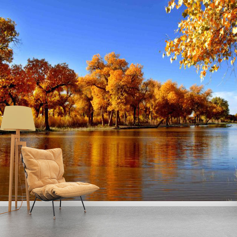 Autumn Trees and River Mural Wallpaper for Bedroom Decor, Blue and Brown, Personalized Size Available Clearhalo 'Wall Decor' 'Wall Mural' 1114150