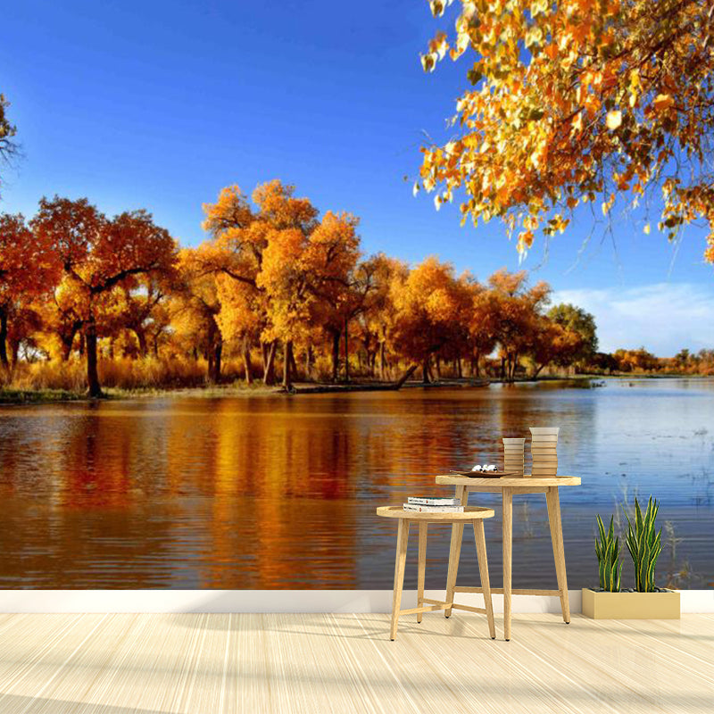 Autumn Trees and River Mural Wallpaper for Bedroom Decor, Blue and Brown, Personalized Size Available Clearhalo 'Wall Decor' 'Wall Mural' 1114151