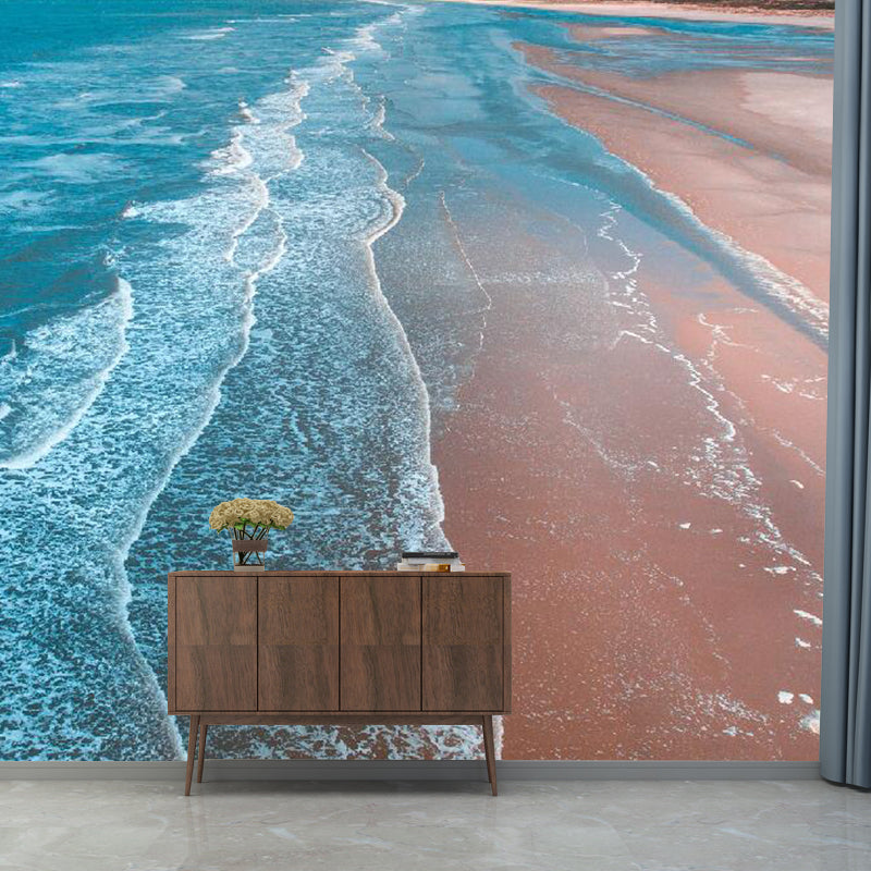 Whole Seashore Beach Mural Wallpaper for Living Room Wave Wall Art in Brown and Blue, Moisture-Resistant Blue-Brown Clearhalo 'Wall Decor' 'Wall Mural' 1114199