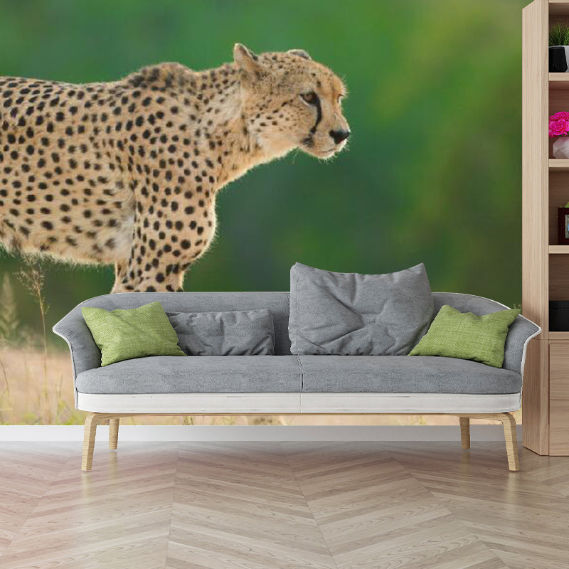 Big Photography Modern Wall Mural for Accent Wall with Leopard Design in Green and Yellow Green Clearhalo 'Wall Decor' 'Wall Mural' 1114204