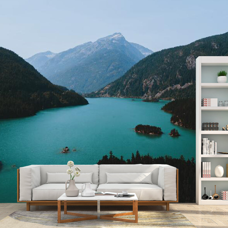 Stain-Resistant Mountain and River Mural Non-Woven Minimalist Wall Covering for Guest Room Aqua Clearhalo 'Wall Decor' 'Wall Mural' 1114214