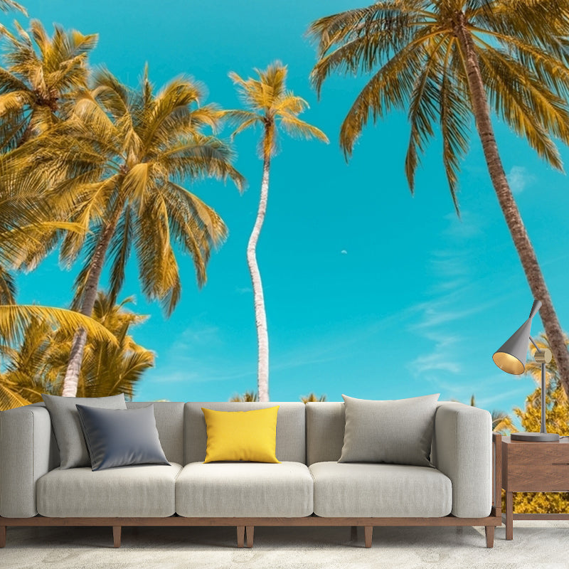 Photo Coconut Trees Wall Covering Extra Large Wall Mural for Theme Restaurant Decor, Custom-Made Yellow-Blue Clearhalo 'Wall Decor' 'Wall Mural' 1114274