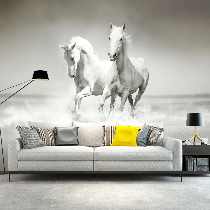 Traditional Galloping Horses Wall Decor for Living Room, Customized Size Wall Mural in Soft Grey Grey Clearhalo 'Wall Decor' 'Wall Mural' 1114344