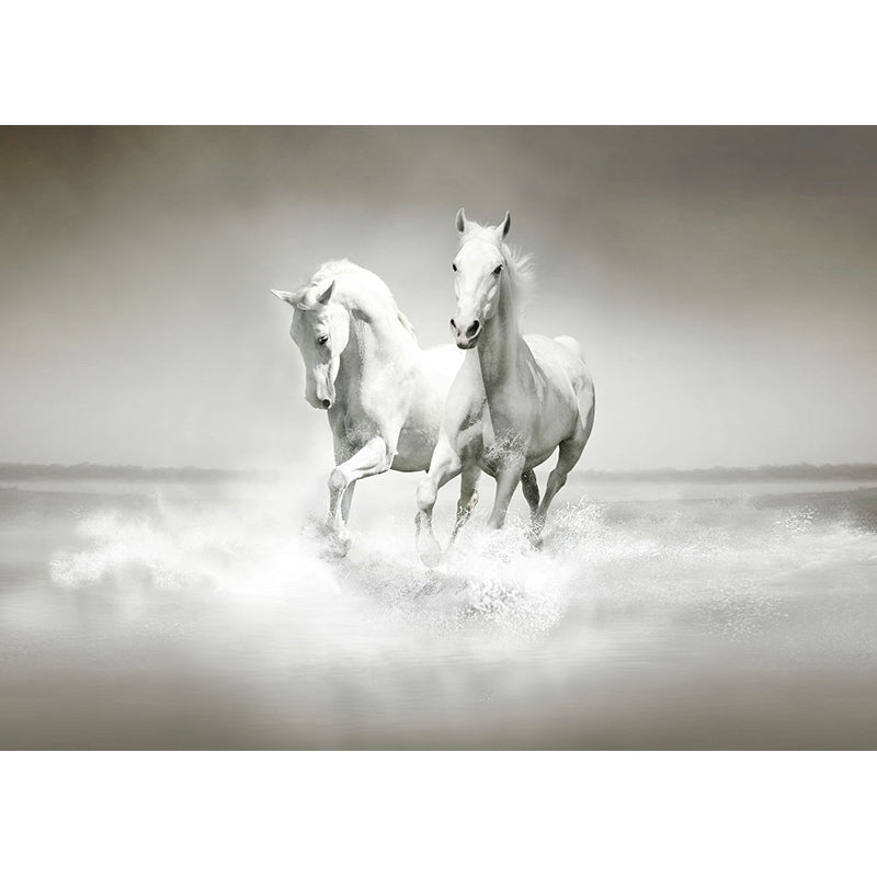 Traditional Galloping Horses Wall Decor for Living Room, Customized Size Wall Mural in Soft Grey Clearhalo 'Wall Decor' 'Wall Mural' 1114347