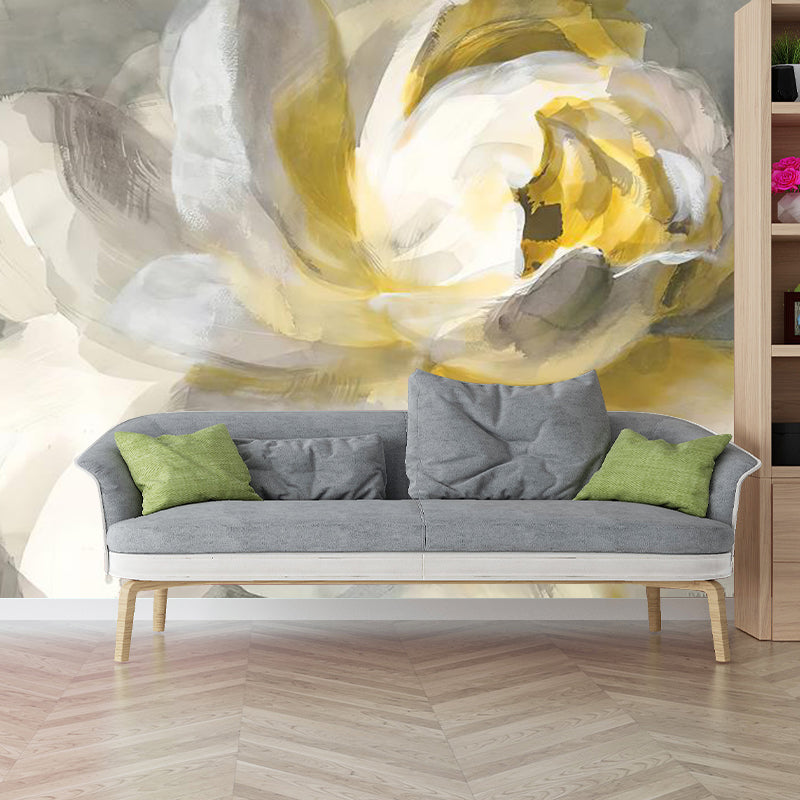 Whole Illustration Retro Mural Wallpaper for Living Room with Blossoming Lotus Oil Painting in Yellow and White Clearhalo 'Wall Decor' 'Wall Mural' 1114355