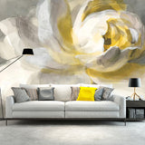 Whole Illustration Retro Mural Wallpaper for Living Room with Blossoming Lotus Oil Painting in Yellow and White Clearhalo 'Wall Decor' 'Wall Mural' 1114356