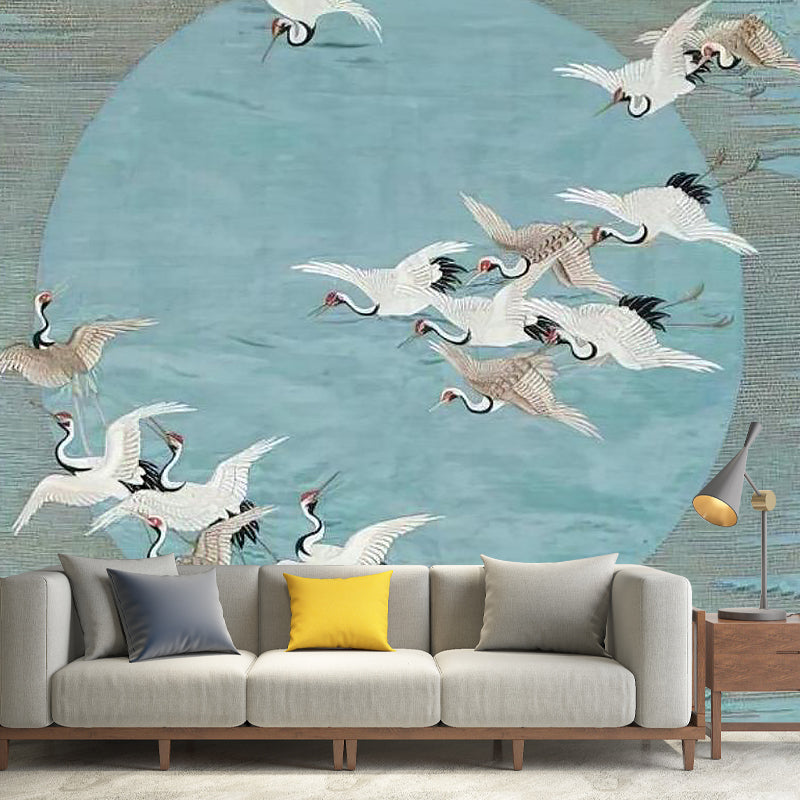 Asia Inspired Wild Crane Mural for Living Room, Custom-Printed Wall Art in Blue and Grey Blue-Gray Clearhalo 'Wall Decor' 'Wall Mural' 1114364