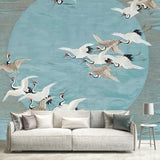 Asia Inspired Wild Crane Mural for Living Room, Custom-Printed Wall Art in Blue and Grey Clearhalo 'Wall Decor' 'Wall Mural' 1114366