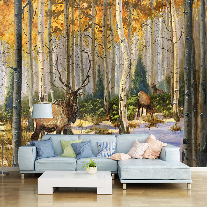 Yellow and Brown Retro Mural Personalized Size Elk Deer and Jungle Wall Art for Bedroom Yellow-Brown Clearhalo 'Wall Decor' 'Wall Mural' 1114379