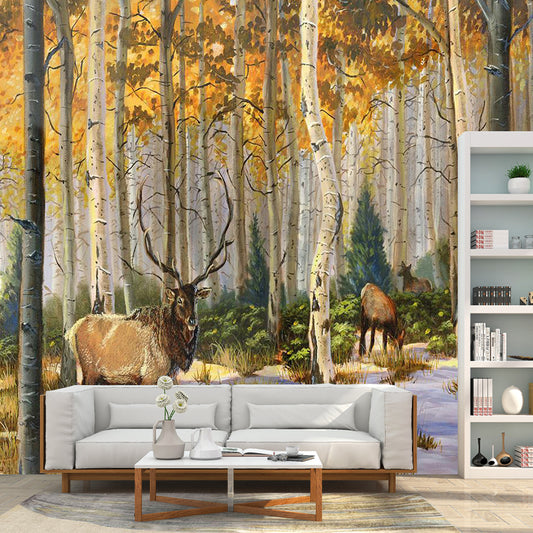 Yellow and Brown Retro Mural Personalized Size Elk Deer and Jungle Wall Art for Bedroom Clearhalo 'Wall Decor' 'Wall Mural' 1114381