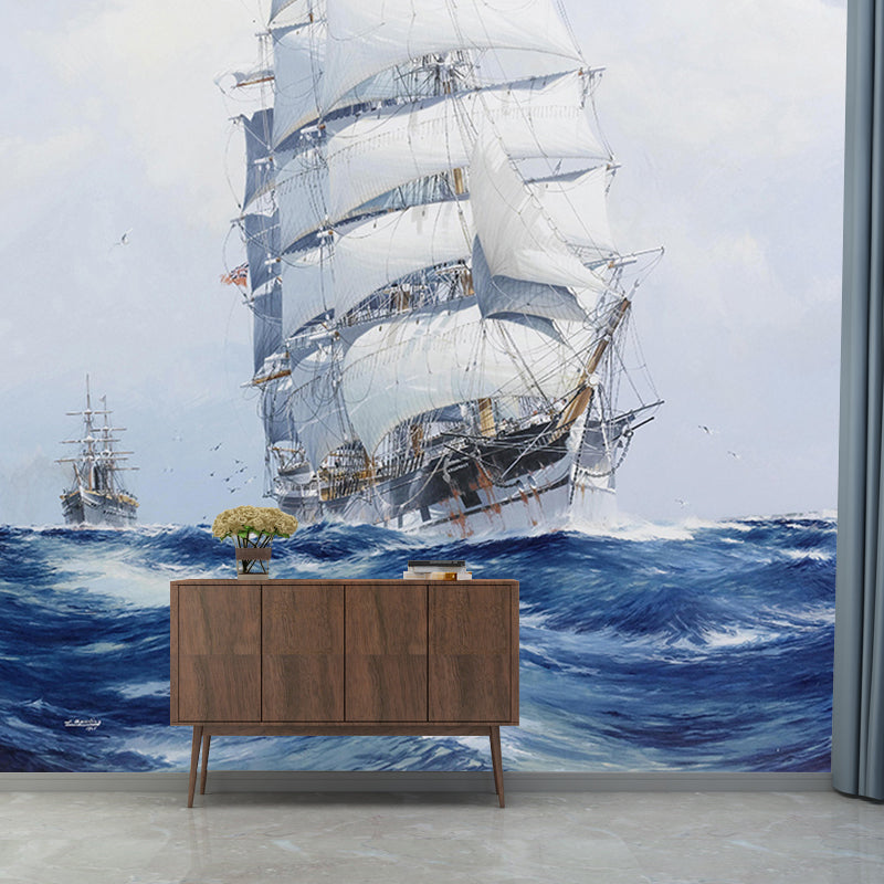 Blue and White Boat Mural Wallpaper Moisture-Resistant Wall Covering for Dining Room Blue-White Clearhalo 'Wall Decor' 'Wall Mural' 1114409