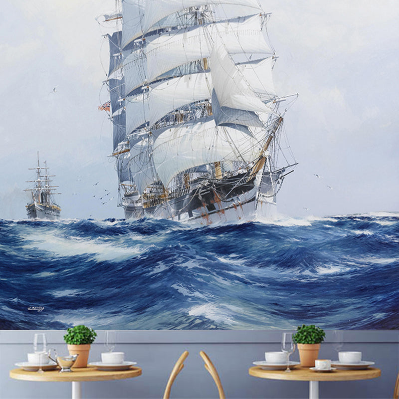 Blue and White Boat Mural Wallpaper Moisture-Resistant Wall Covering for Dining Room Clearhalo 'Wall Decor' 'Wall Mural' 1114410