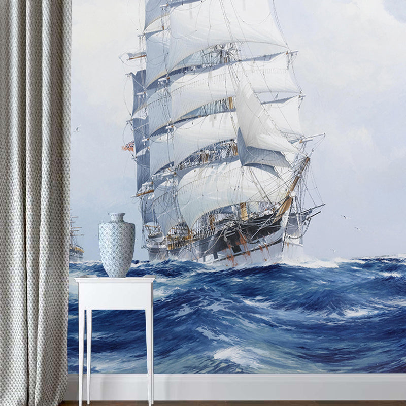 Blue and White Boat Mural Wallpaper Moisture-Resistant Wall Covering for Dining Room Clearhalo 'Wall Decor' 'Wall Mural' 1114411