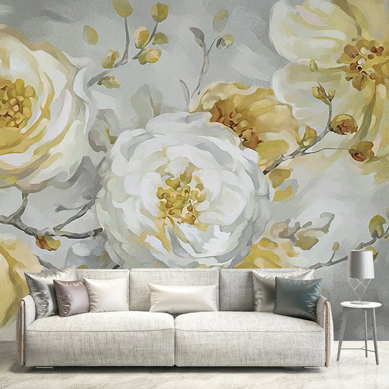 Big Nostalgic Wall Mural Decal in Yellow and White Blossoms Wall Art, Personalized Size Available Yellow-White Clearhalo 'Wall Decor' 'Wall Mural' 1114444