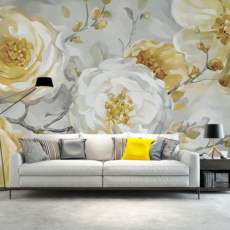 Big Nostalgic Wall Mural Decal in Yellow and White Blossoms Wall Art, Personalized Size Available Clearhalo 'Wall Decor' 'Wall Mural' 1114445