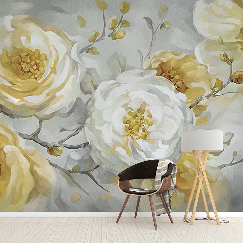 Big Nostalgic Wall Mural Decal in Yellow and White Blossoms Wall Art, Personalized Size Available Clearhalo 'Wall Decor' 'Wall Mural' 1114446